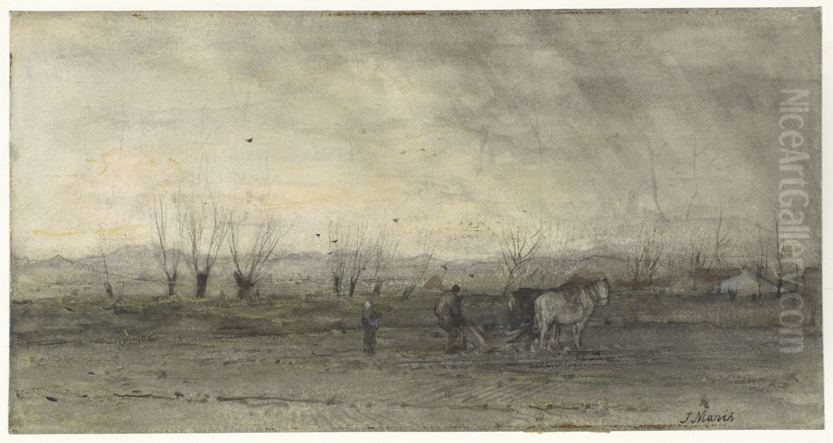 Landschap met ploegende boer Oil Painting by Jacob Maris