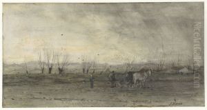 Landschap met ploegende boer
