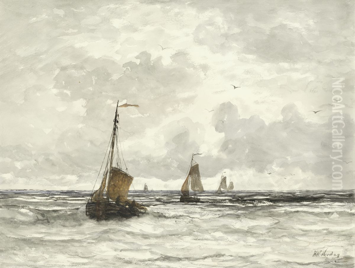 Fishing boats on the breakers Oil Painting by Hendrik Willem Mesdag