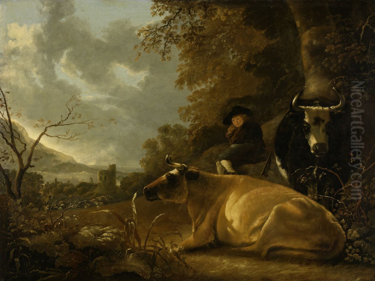 Landscape with cows and young herdsman Oil Painting by Aelbert Cuyp
