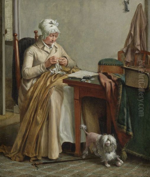 Interieur met naaiende vrouw Oil Painting by Wybrand Hendricks
