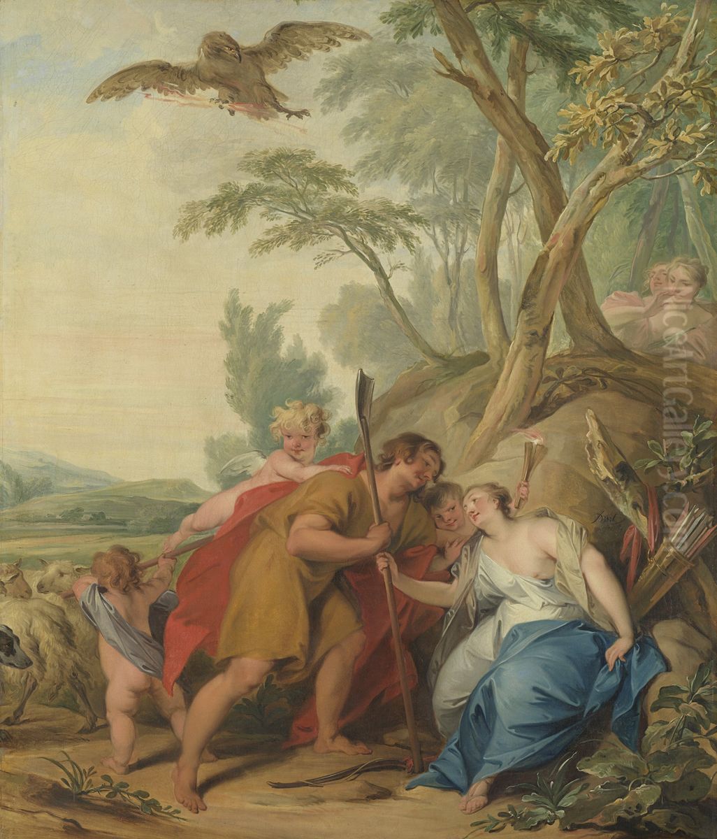 Jupiter, vermomd als herder, verleidt Mnemosyne, godin van het geheugen Oil Painting by Jacob de Wit
