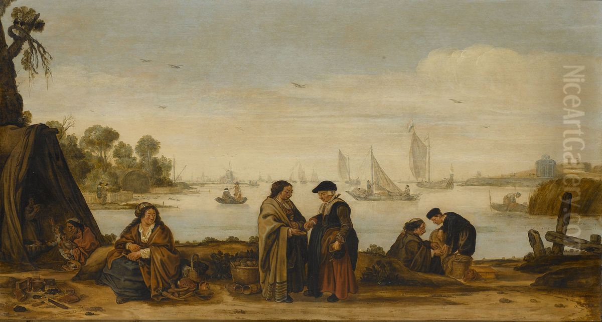 Rivierlandschap met zigeuners. Oil Painting by Arent Arentsz