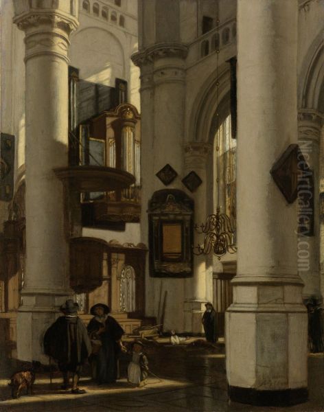 Interior of a Protestant, Gothic Church, with a Gravedigger in the Choir Oil Painting by Emanuel de Witte
