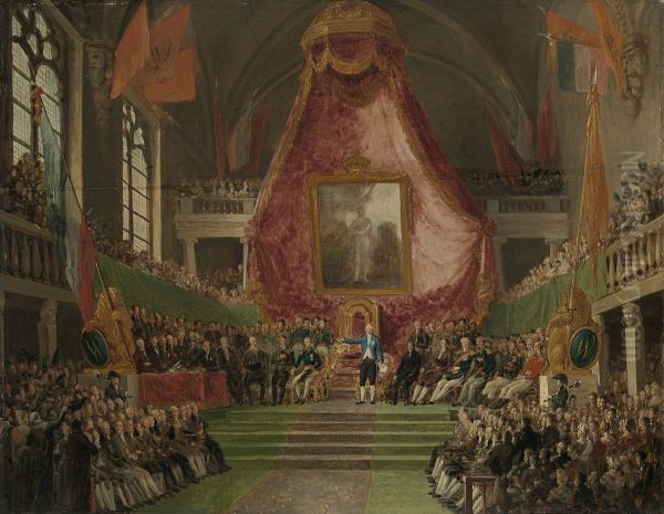 De plechtige installatie van de Universiteit van Gent door de prins van Oranje in de troonzaal van het stadhuis op 9 oktober 1817 Oil Painting by Mattheus Ignatius van Bree