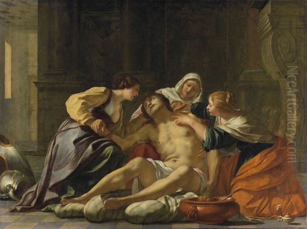 St Sebastian nursed by Irene and her helpers Oil Painting by Jacques Blanchard