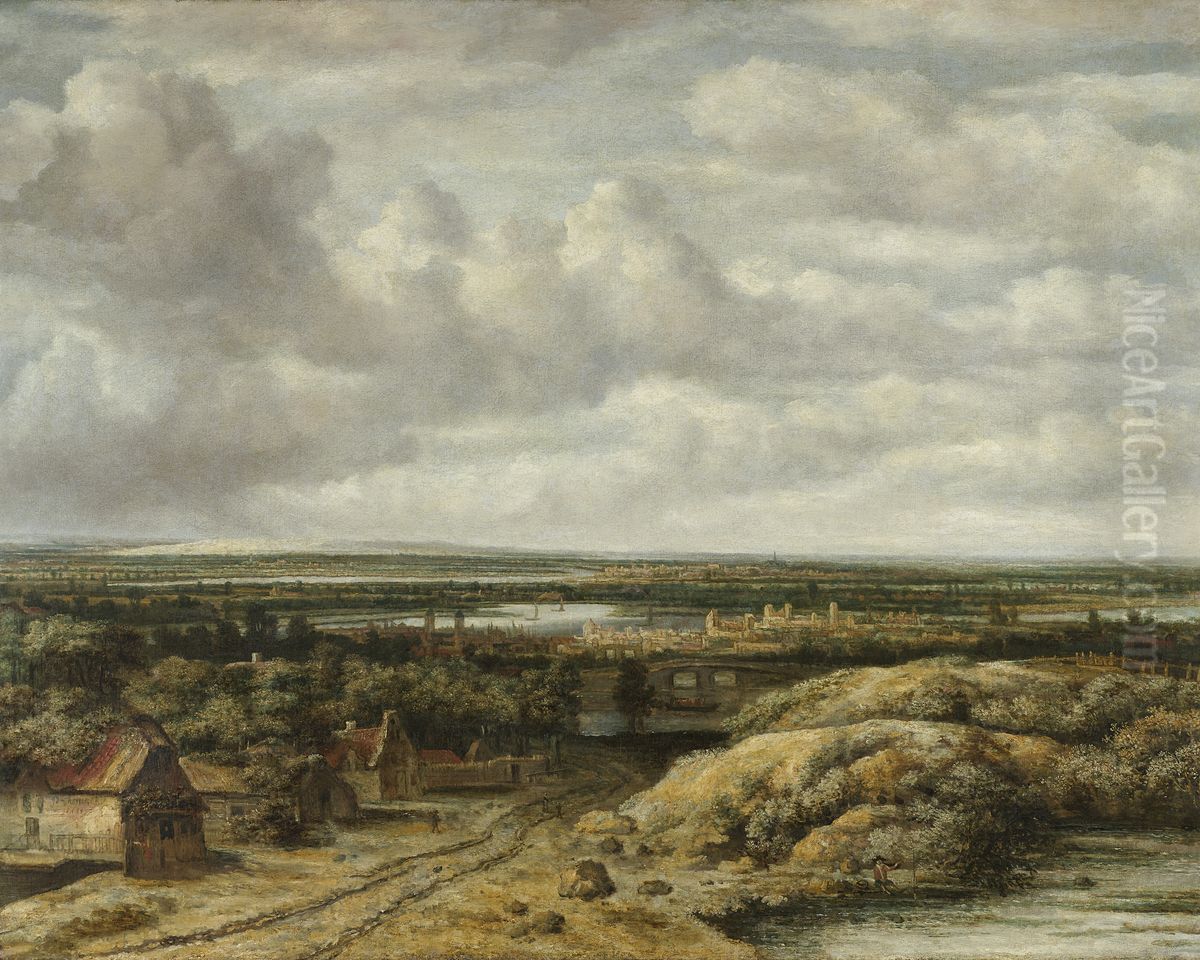 Distant View with Cottages along a Road Oil Painting by Philips Koninck