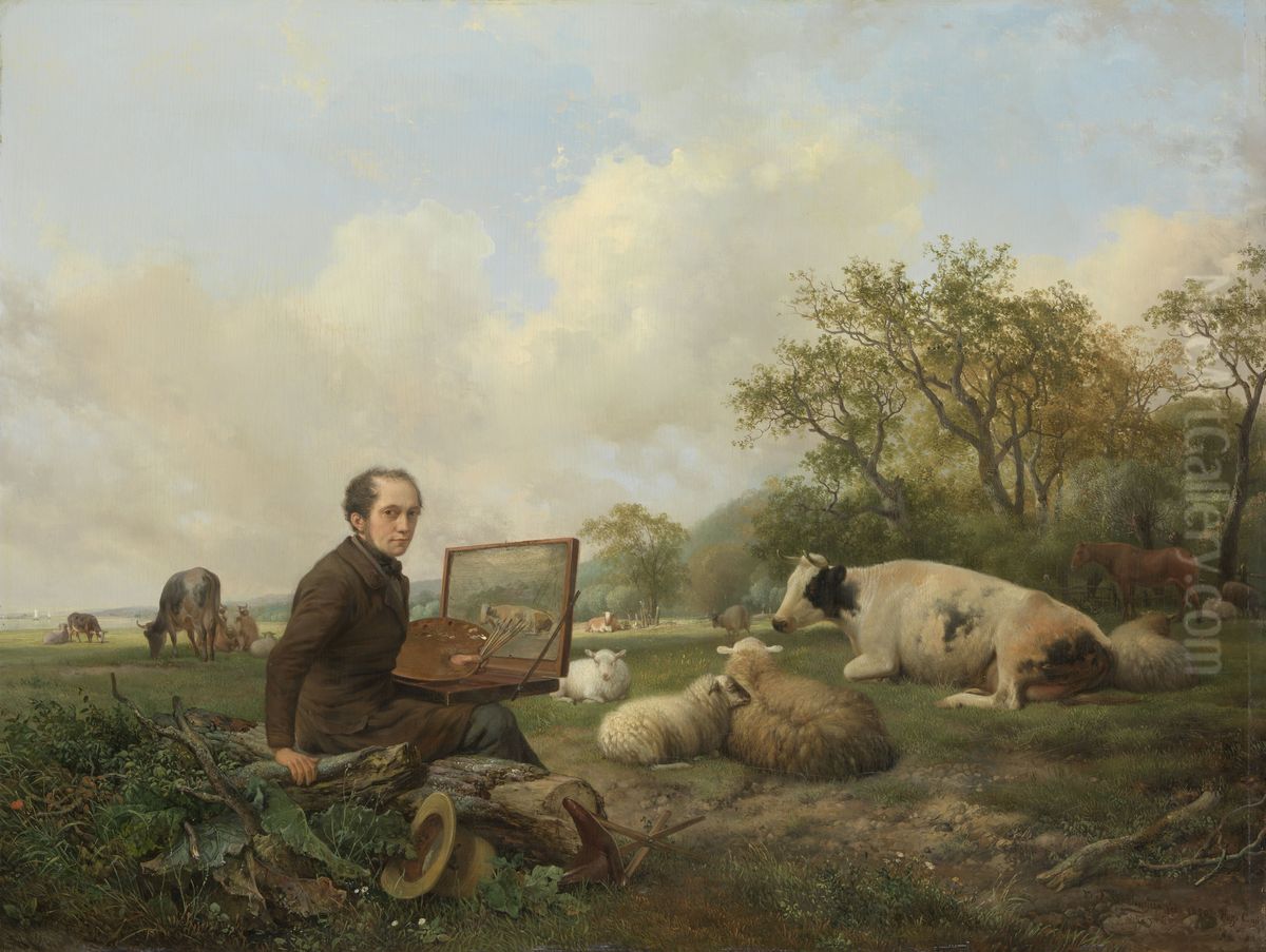 De schilder zelf, schilderend in een weidelandschap met vee Oil Painting by Hendrik van de Sande Bakhuyzen