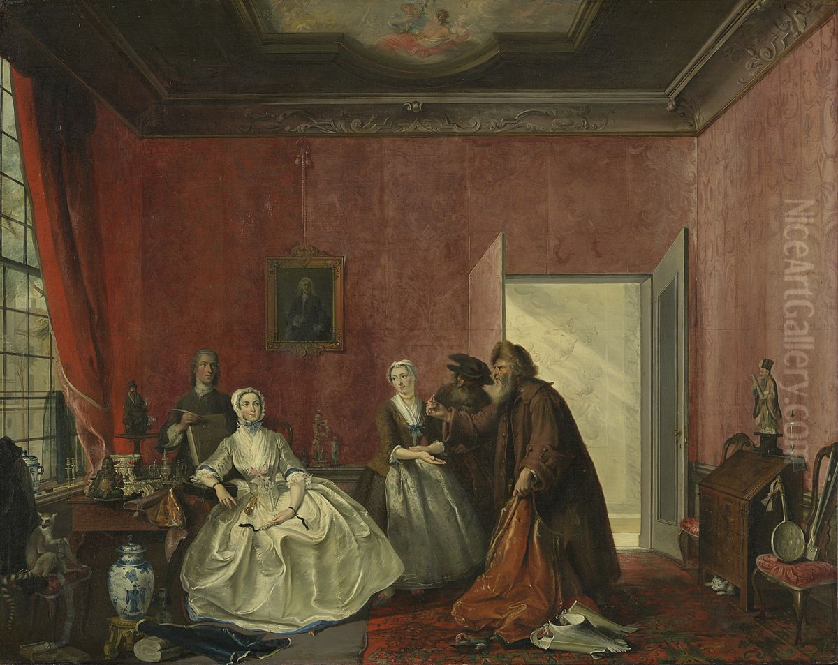 The Spendthrift or the Wasteful Woman, act III, scene V, from the Play by Thomas Asselijn (Joanna and the Polish Jewish Traders) Oil Painting by Cornelis Troost