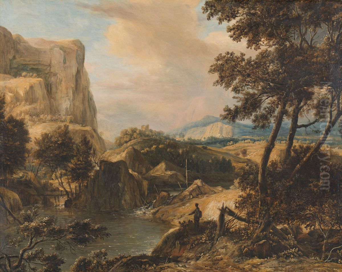 Bergachtig landschap met visser Oil Painting by Roelant Roghman