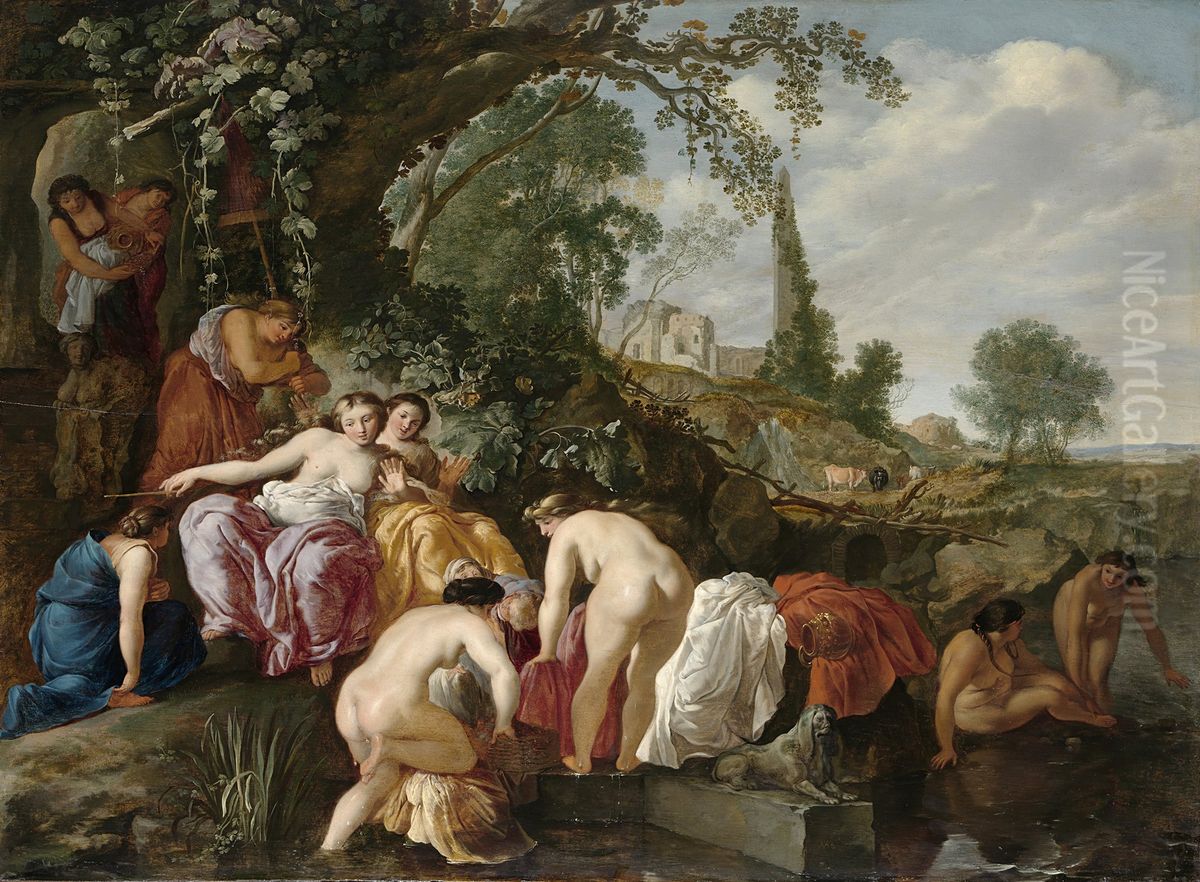 De dochter van de farao vindt Mozes in het biezen mandje Oil Painting by Moses van Uyttenbroeck