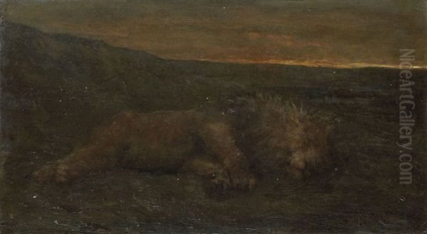Sleeping Lion by Night Oil Painting by John Macallan Swan
