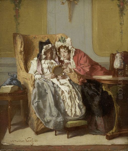 Two Ladies Contemplating a Painting Oil Painting by Alexander Hugo Bakker Korff