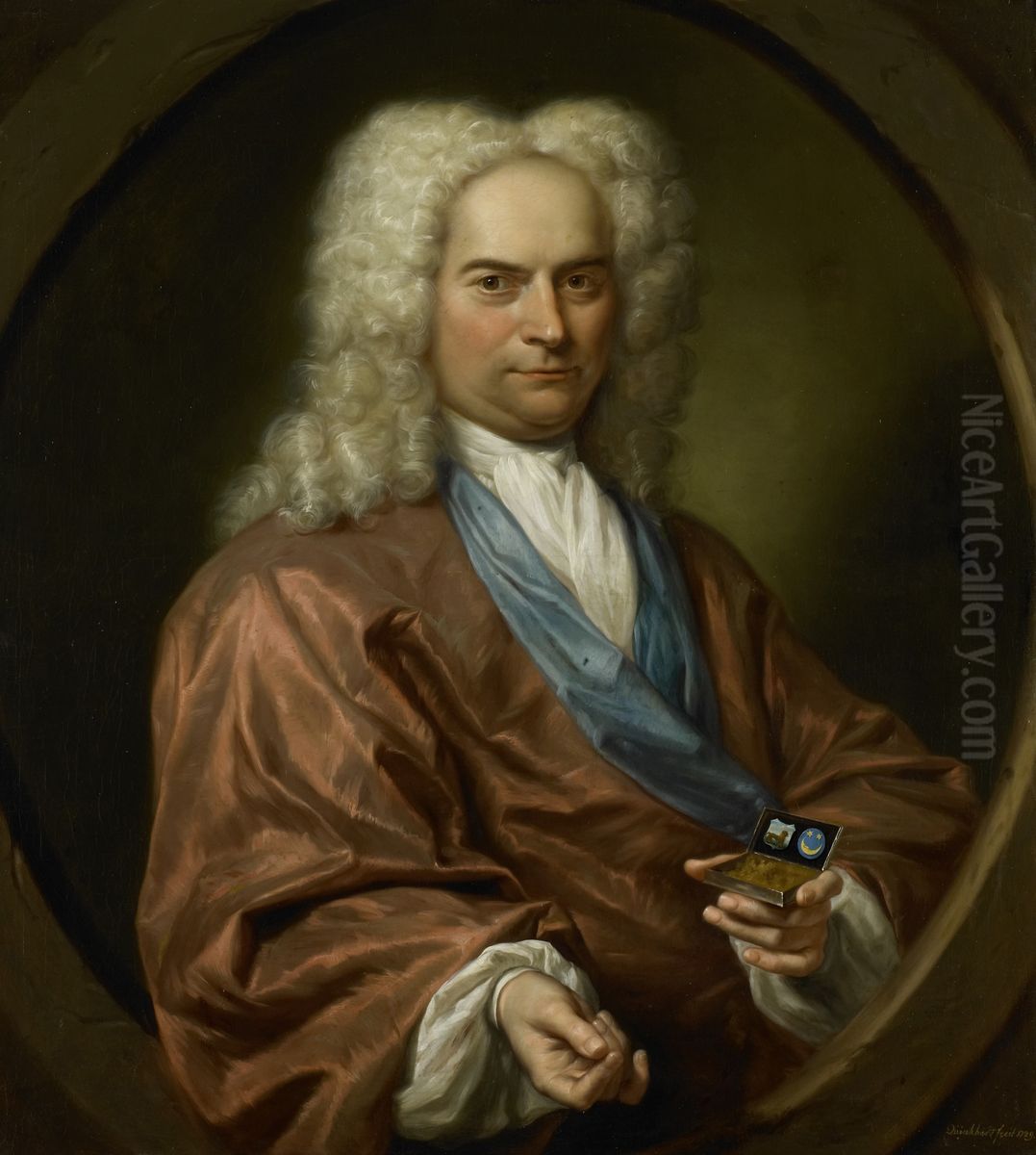 Portret van David Leeuw (1682-1755). Doopsgezind koopman in stoffen en manufacturen Oil Painting by Jan Maurits Quinkhard