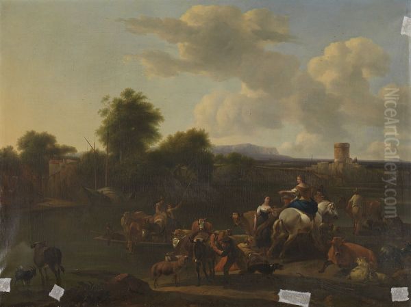 Ferry Boat Oil Painting by Nicolaes Pieterszoon Berchem