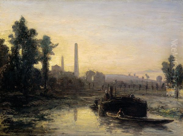 River View in France, Possibly near Pontoise Oil Painting by Johan Jongkind