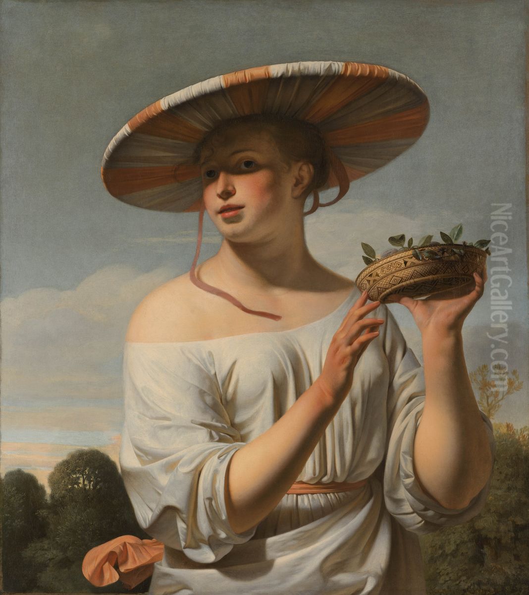 Girl in a Large Hat Oil Painting by Caesar Van Everdingen