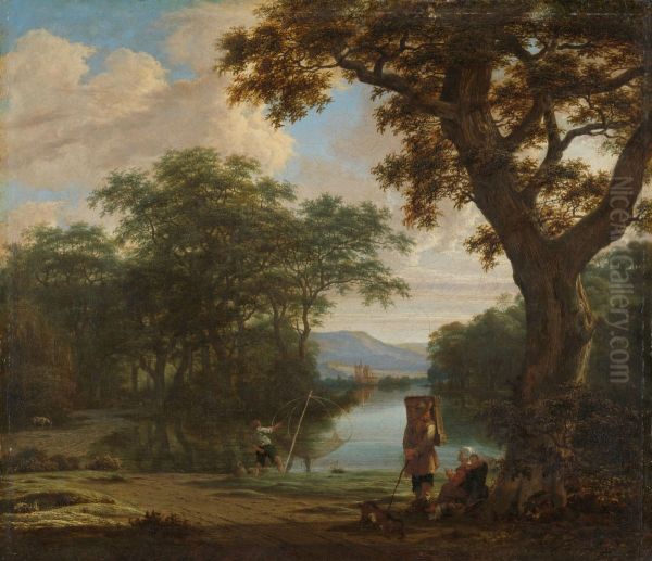 Landschap met visser met kruisnet Oil Painting by Joris van der Haagen or Hagen