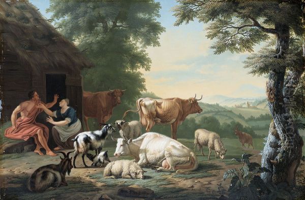 Arcadian Landscape with Shepherds and Cattle Oil Painting by Jan van Gool