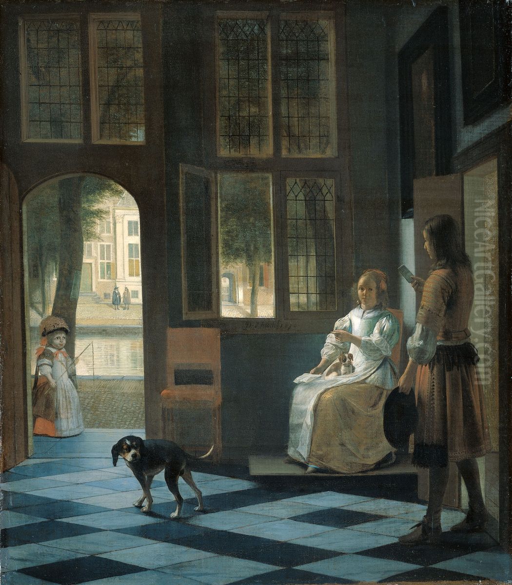 Man Handing a Letter to a Woman in the Entrance Hall of a House Oil Painting by Pieter De Hooch