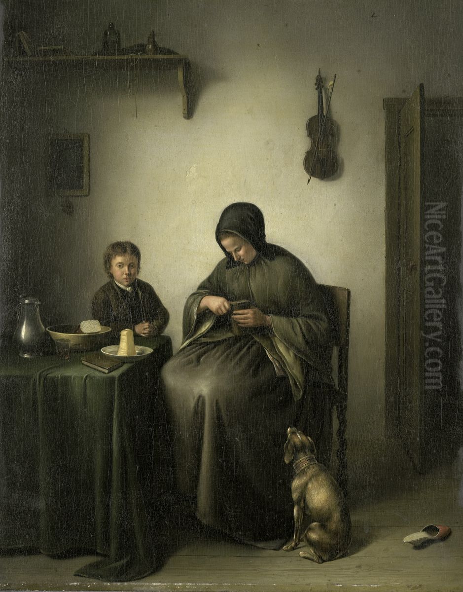 Een vrouw die brood snijdt Oil Painting by Johannes Christiaan Janson