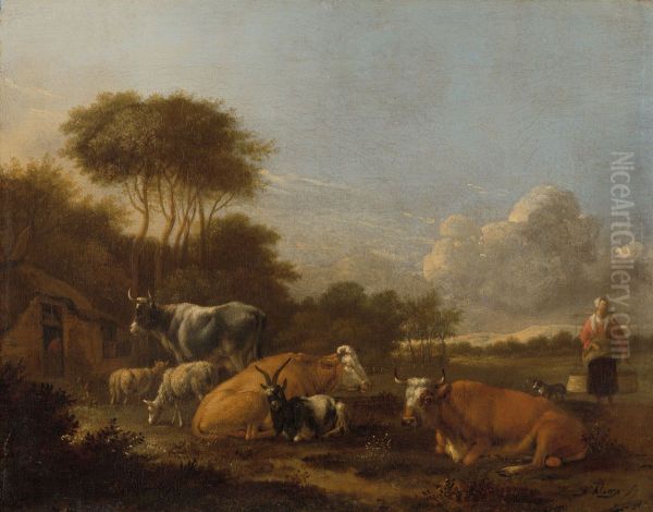 Landschap met vee Oil Painting by Albert Klomp
