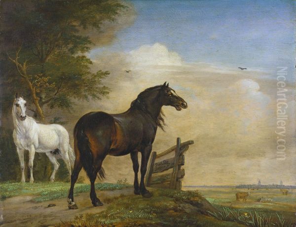 Two Horses near a Gate in the Meadow Oil Painting by Paulus Potter