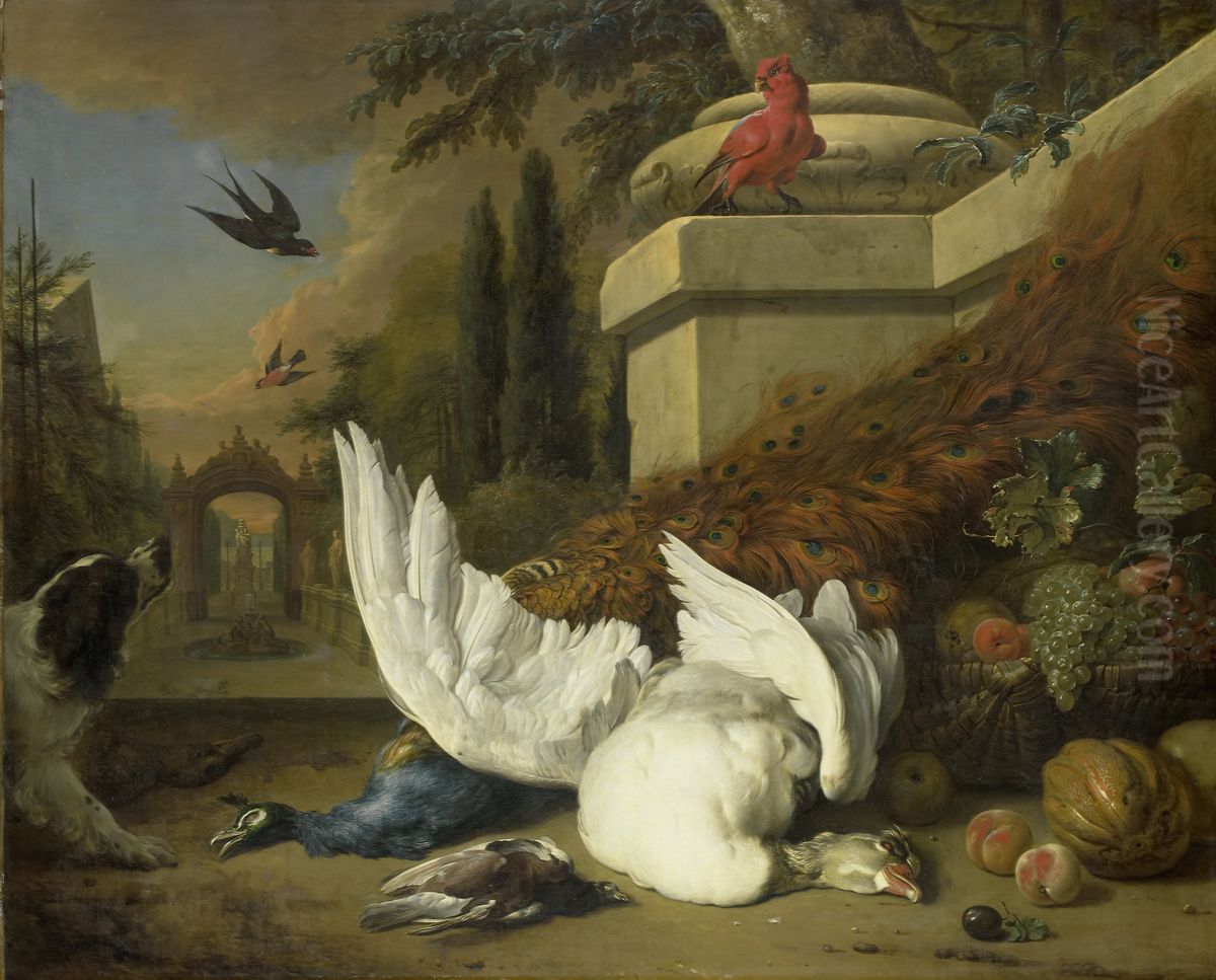 Een hond bij een dode gans en een pauw Oil Painting by Jan Weenix