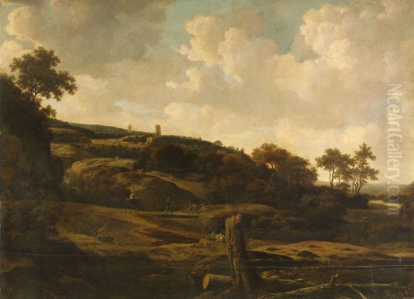 Mountainous Landscape, possibly the St Pietersberg, with Lichtenberg Castle, near Maastricht Oil Painting by Joris van der Haagen