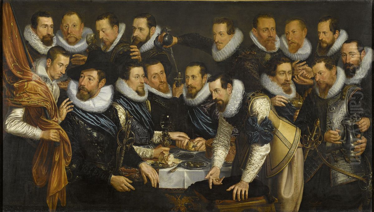 Officieren en andere schutters van wijk XI in Amsterdam, onder leiding van kapitein Geurt Dircksz van Beuningen en luitenant Pieter Martensz Hoeffijser Oil Painting by Jan Tengnagel