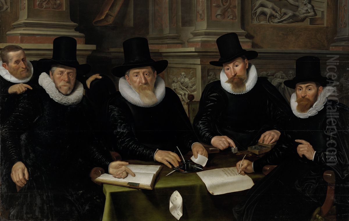 Vier regenten en de binnenvader van het leprozenhuis te Amsterdam Oil Painting by Werner van den Valckert