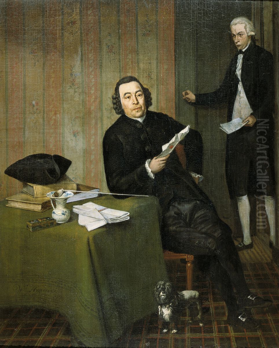 Wernerus Kohne (1725/26-88). Notaris te Haarlem, met zijn knecht Jan Bosch Oil Painting by Wybrand Hendricks