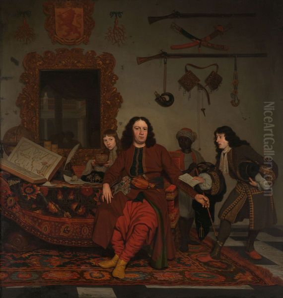 Thomas Hees with his Nephews Jan and Andries Hees and a Servant Oil Painting by Michiel van Musscher