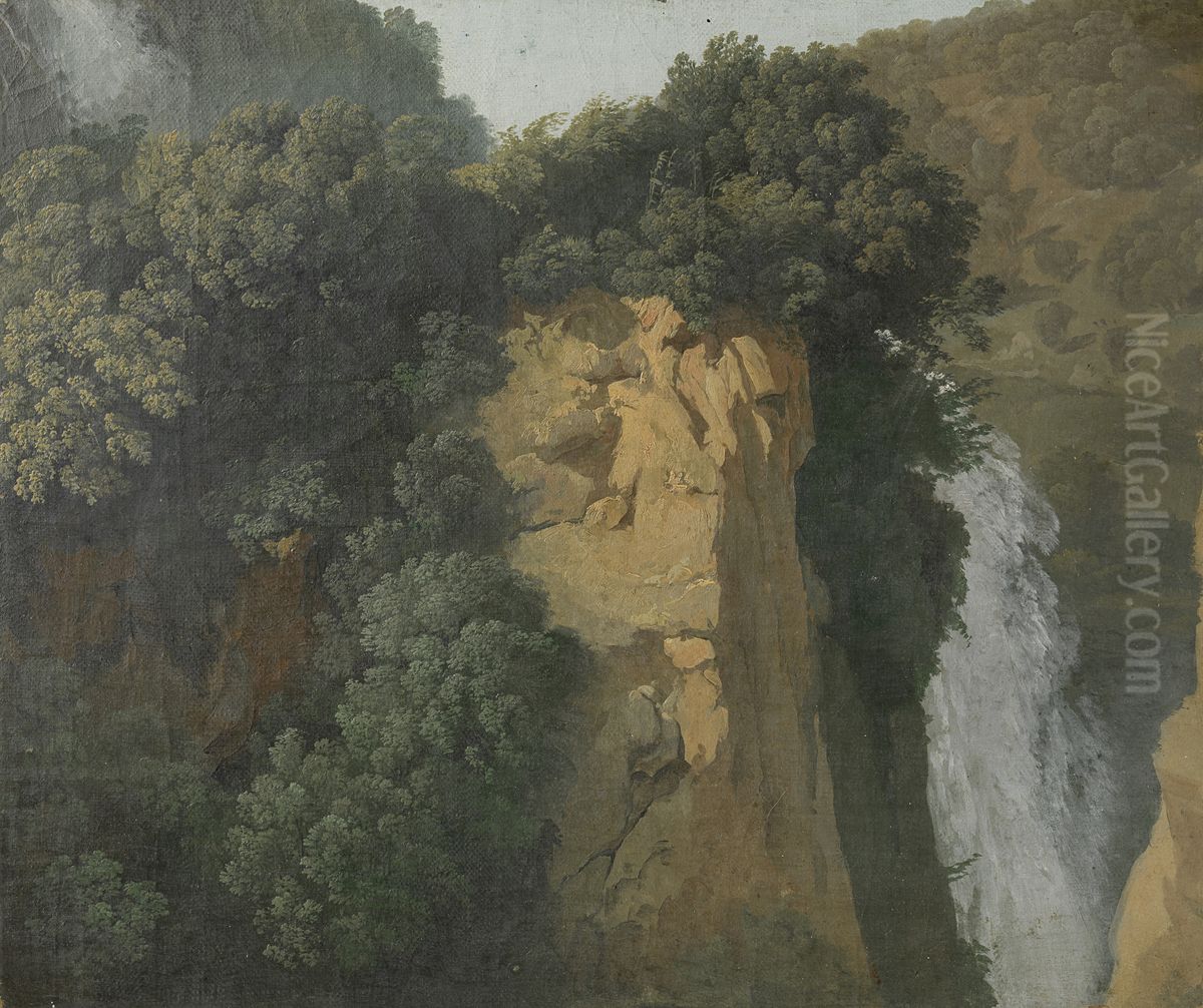 Overgrown Cliffs with a Waterfall in Italy, perhaps at Tivoli Oil Painting by Hendrik Voogd