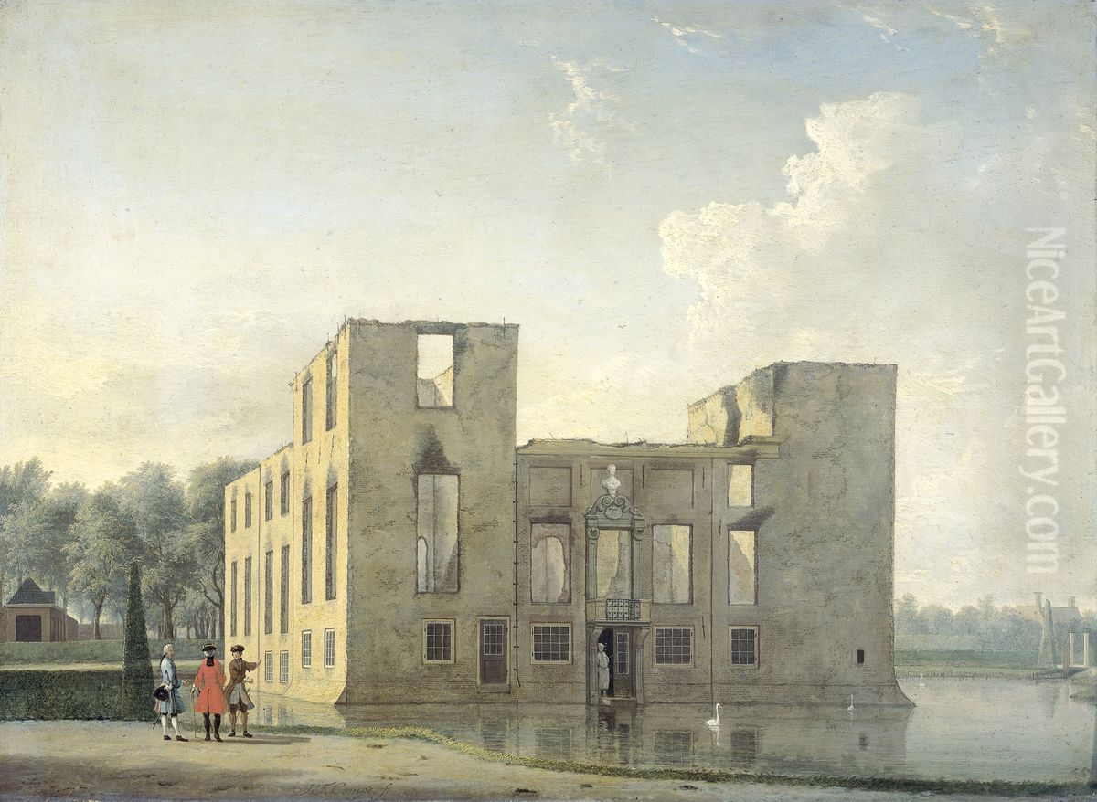 De achterzijde van het slot Berckenrode in Heemstede na de brand Oil Painting by Jan ten Compe