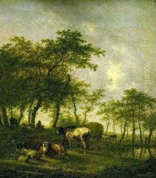 Landschap met koeien in een weide bij een waterplas Oil Painting by Jan Kobell II