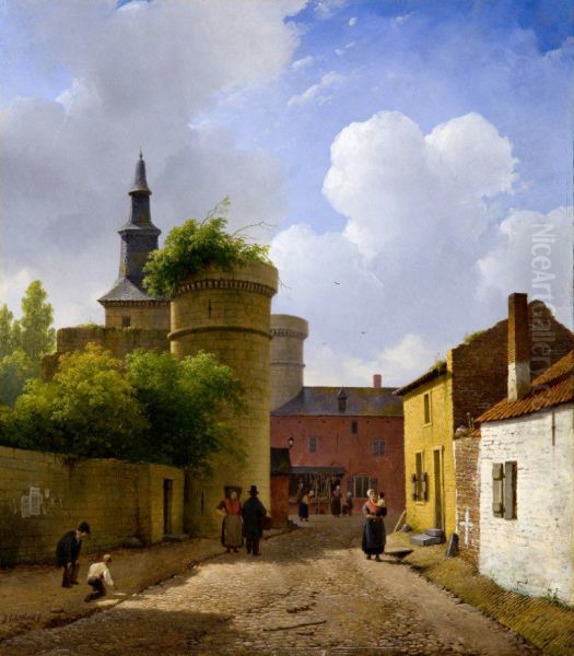 Small street in Huy, Belgium Oil Painting by Andreas Schelfhout