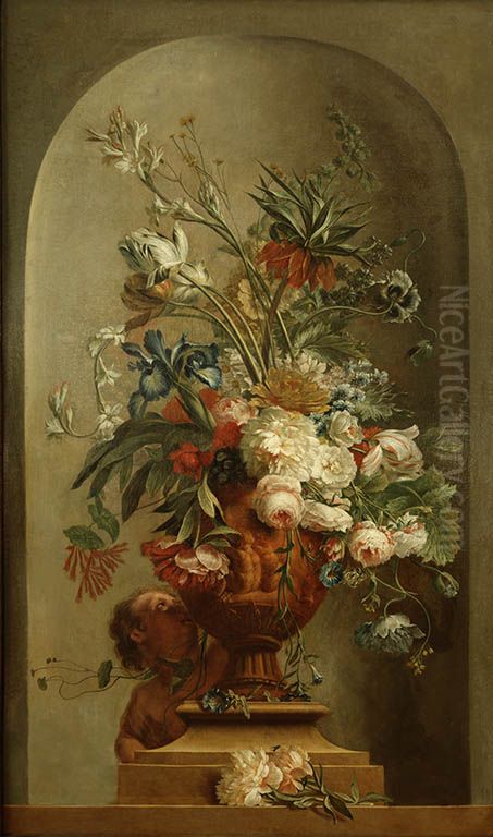 Flower still life with child figure Oil Painting by Wybrand Hendricks
