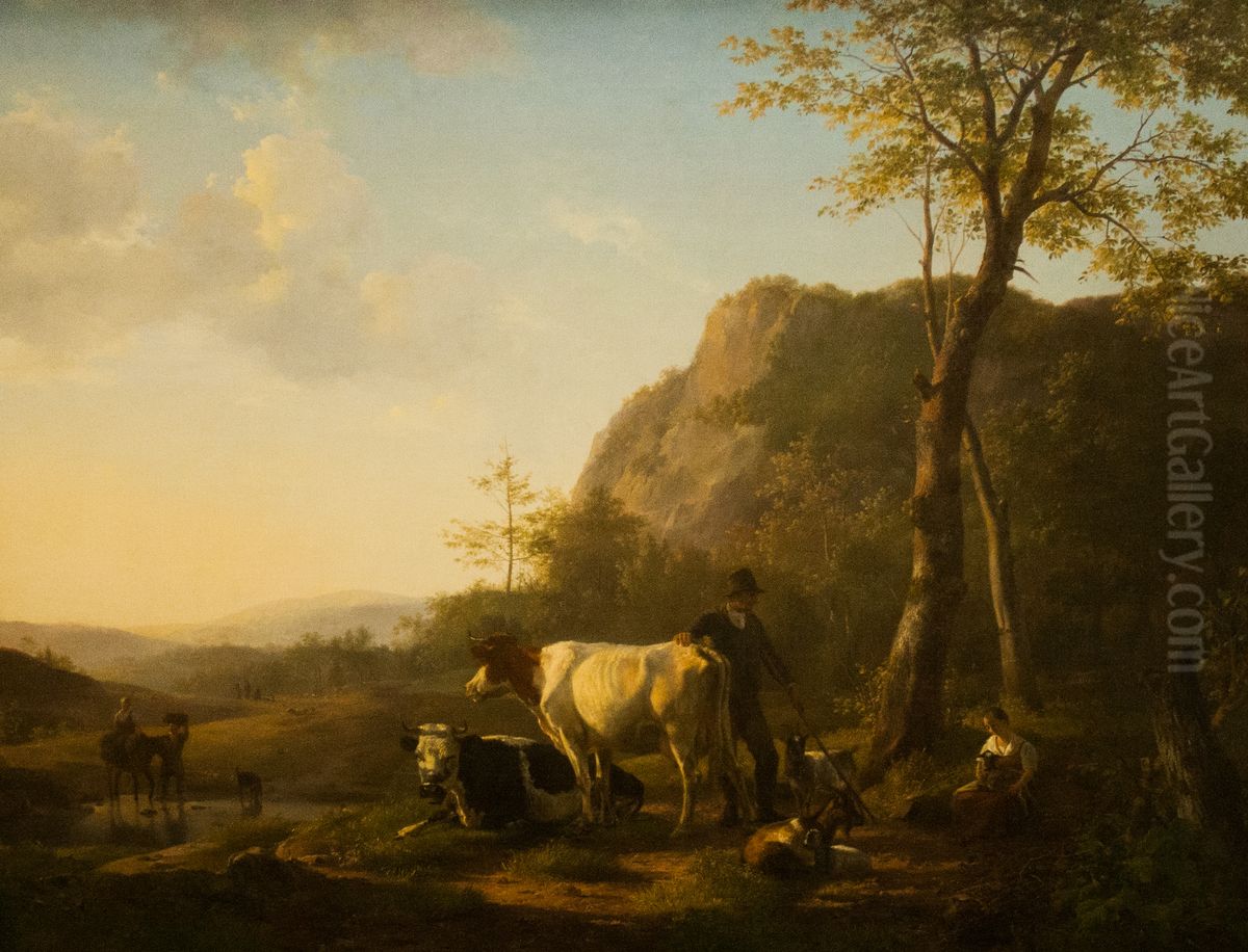 Herder_en_herderin_met_vee_in_berglandschap Oil Painting by Hendrik van de Sande Bakhuyzen