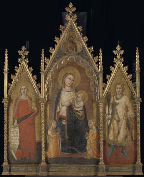 Drieluik met Maria en kind en de heiligen Maria Magdalena en Ansanus Oil Painting by Orcagna
