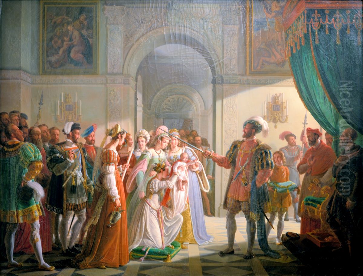 Francois 1er armant chevalier son petit-fils Francois II Oil Painting by Pierre Revoil