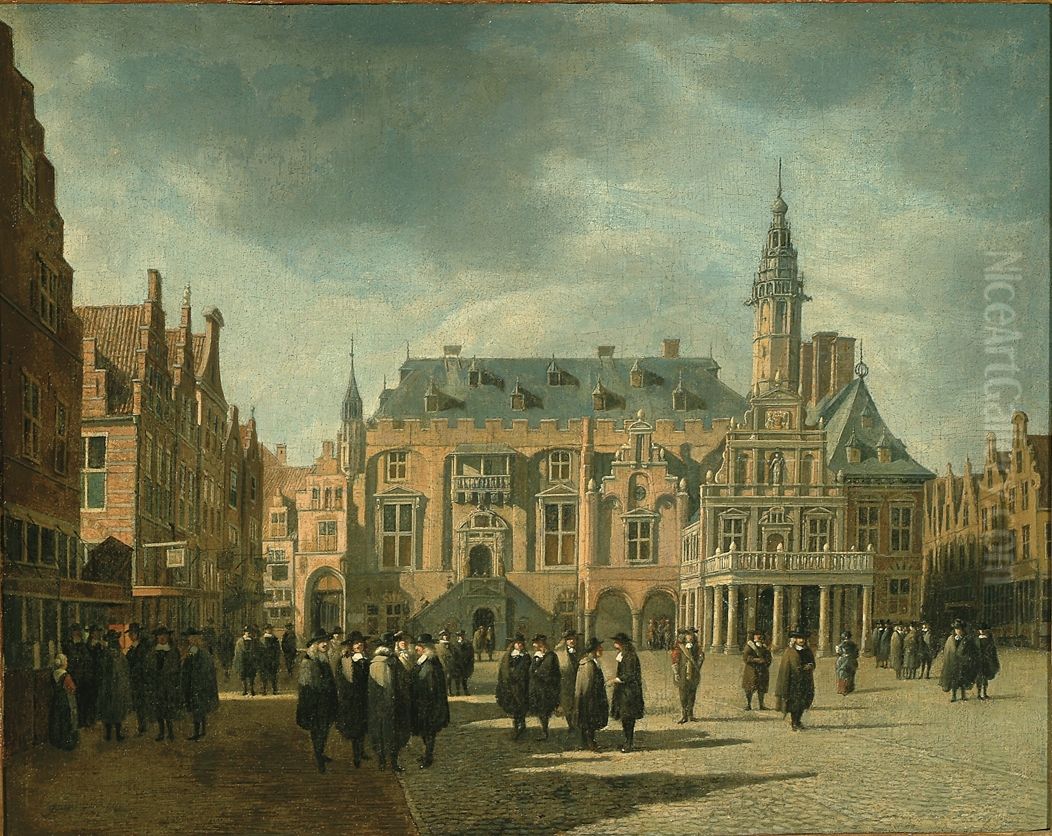 Haarlem City hall with figures on the Grote markt Oil Painting by Gerrit Adriaenszoon Berckheyde