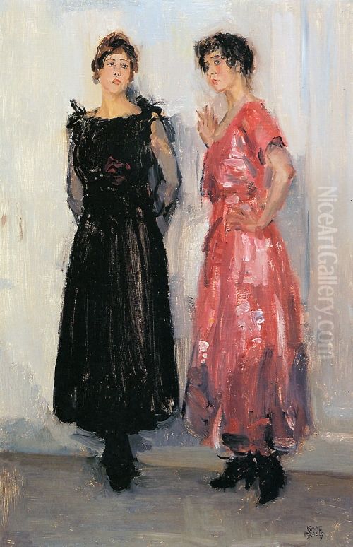 Two models, Epi and Gertie, in the Amsterdam Fashion House Hirsch Oil Painting by Isaac Lazarus Israels