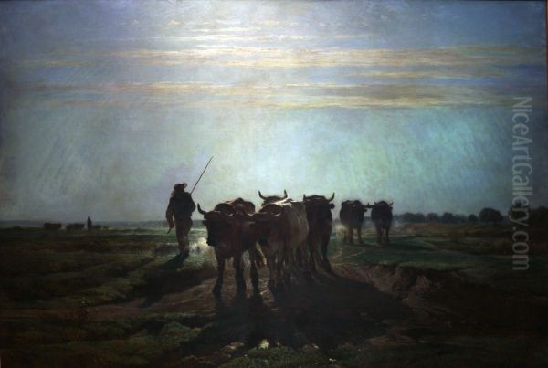 Boeufs allant au labour, effet de matin Oil Painting by Constant Troyon