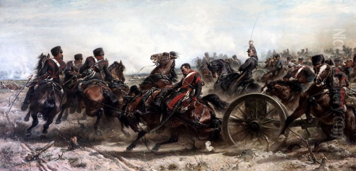 Charge de l'artillerie de la garde imperiale a Traktir en Crimee, le 16 aout 1855 Oil Painting by Adolf Schreyer