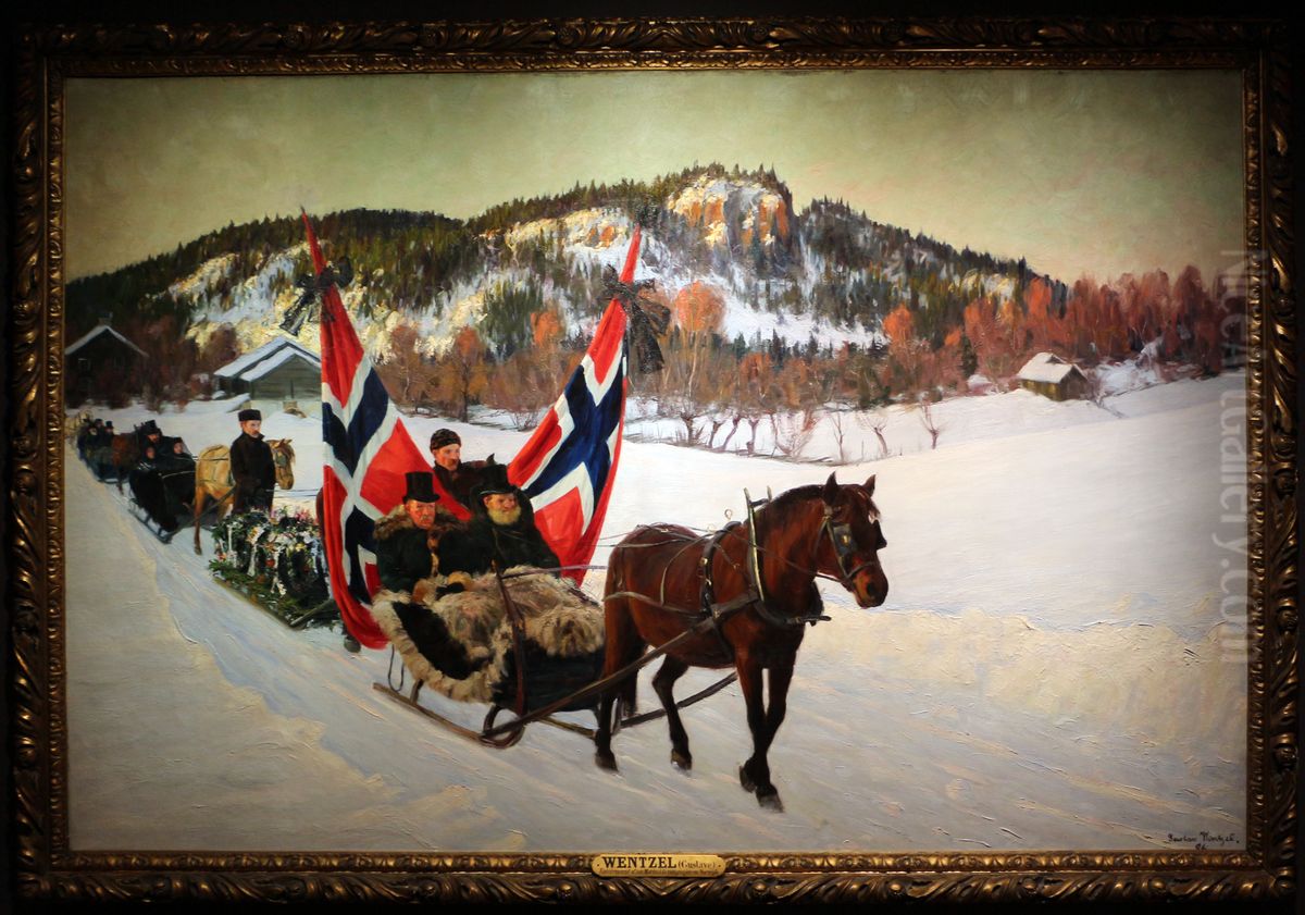 Burial of a sailor in the countryside in Norway Oil Painting by Gustav Wentzel