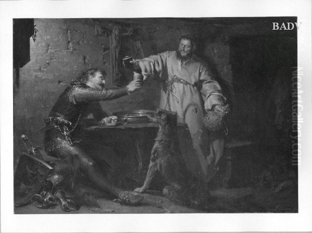 Trinkender Ritter mit Monch und Hund Oil Painting by Eduard Von Grutzner