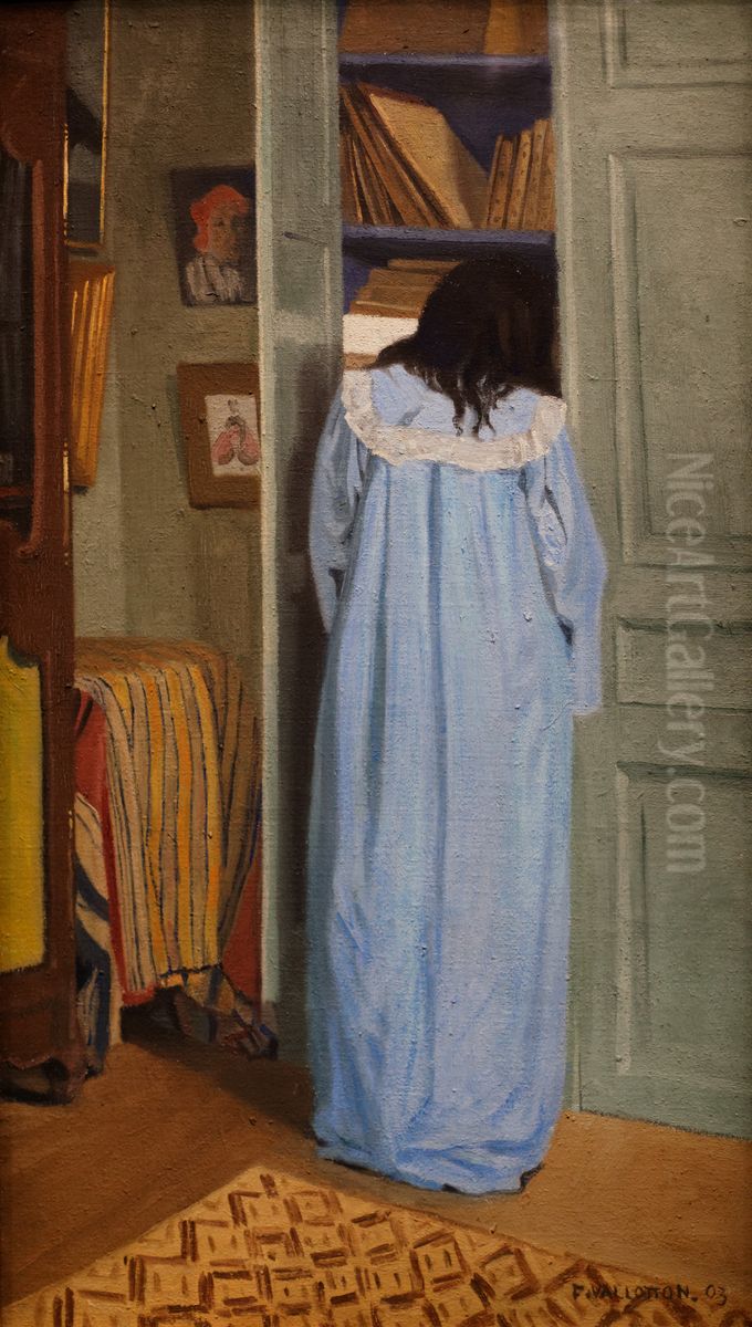 Interior, woman in blue searching in a cupboard Oil Painting by Felix Vallotton