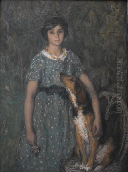 Jeune fille au chien Oil Painting by Edmond Aman-Jean
