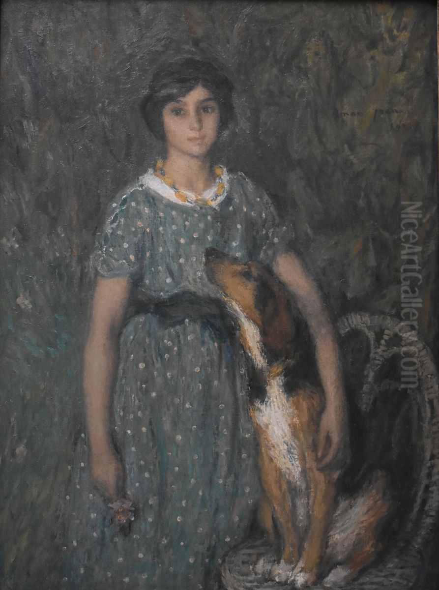 Young Girl with a Dog Oil Painting by Edmond-Francois Aman-Jean